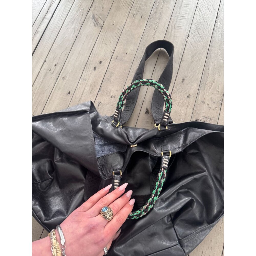 Black Leather Tote Bag with Braided Green Handle Clare V - Picture 7 of 9